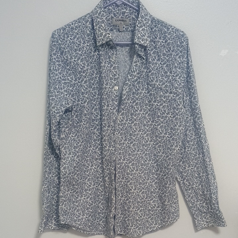Express Men's White and Blue Patterned Shirt